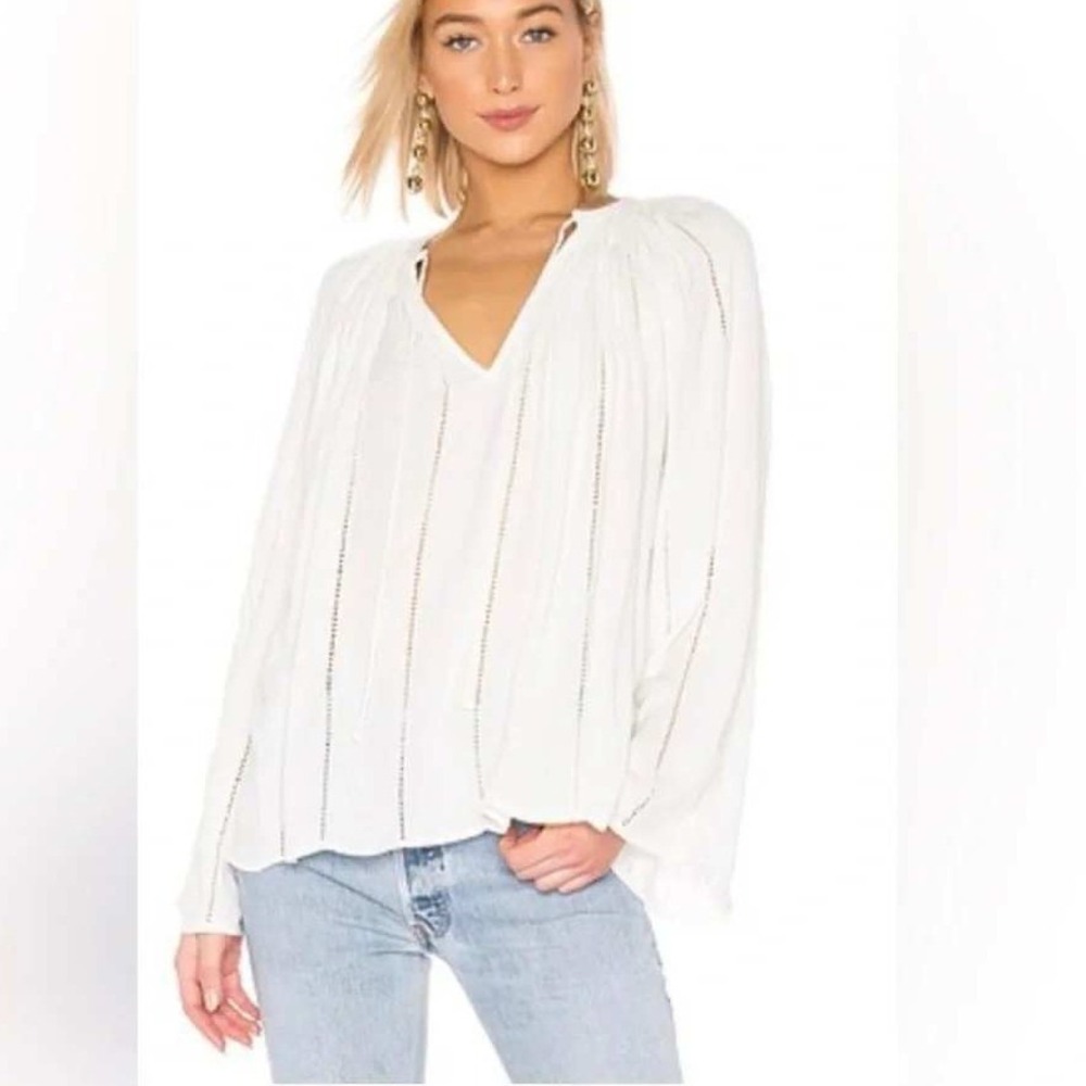 FRAME Lattice Peasant Top Womens M Off White Viscose Boho Flowy Cottage Romantic